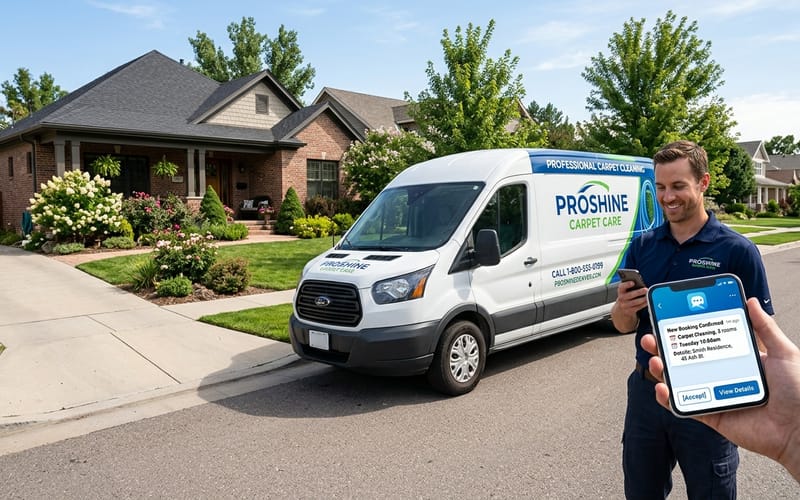 Carpet cleaning van at a home with AI booking confirmation notification on phone
