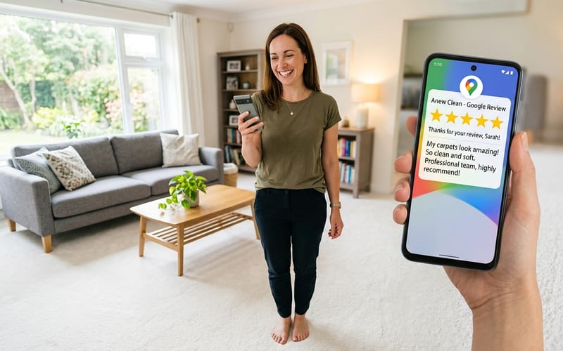 Homeowner receiving 5-star review request with freshly cleaned white carpets in background