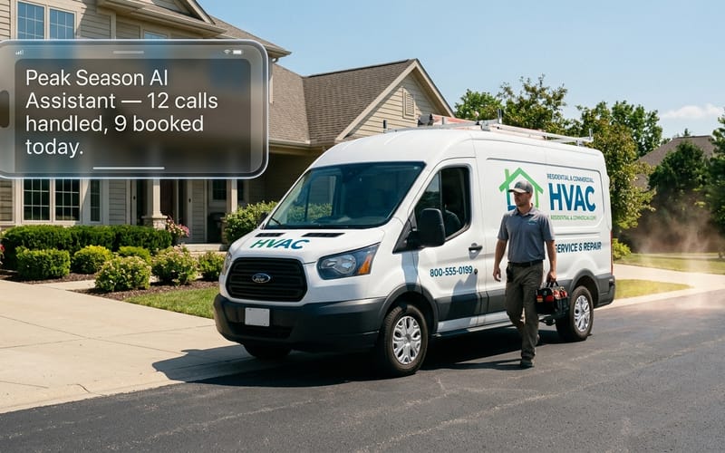 HVAC truck at a home in summer heat with AI booking system showing 12 calls handled