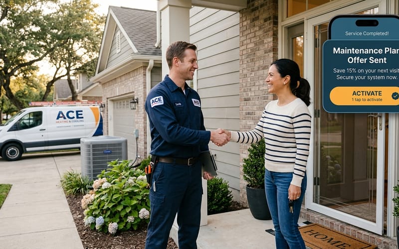 HVAC technician finishing a job while homeowner receives maintenance plan offer on phone