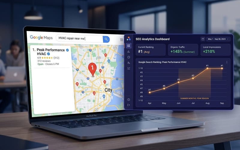 HVAC company ranked #1 on Google Maps in local search during peak season