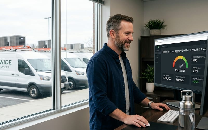 HVAC business owner reviewing approved equipment loan with fleet of service vans