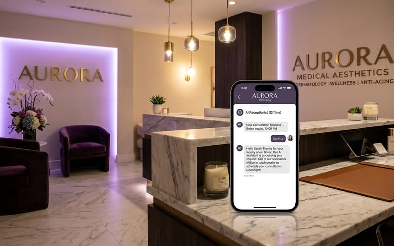 Luxury med spa reception at night with AI consultation request notification on phone