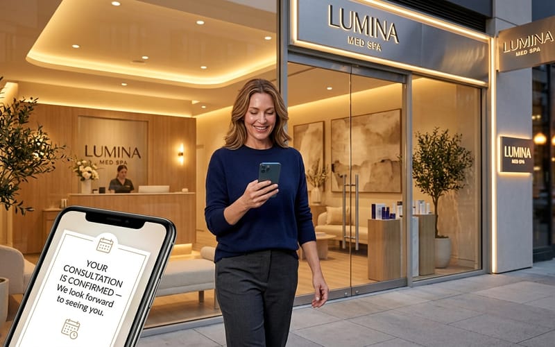 Med spa client smiling at consultation booking confirmation on her phone