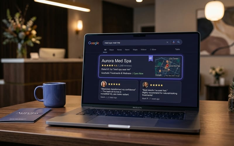 Med spa ranked #1 on Google with glowing client reviews visible