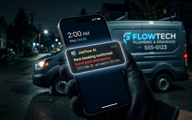 AI booking notification on a plumber's phone at 2am during a burst pipe emergency