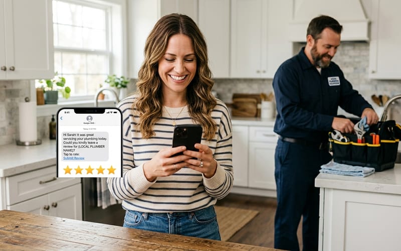 Homeowner receiving a 5-star review request after a plumbing job