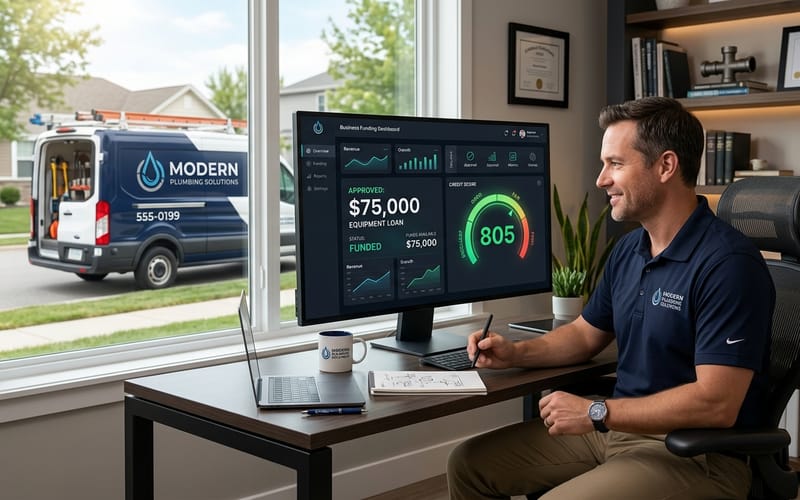 Plumbing business owner reviewing approved equipment loan dashboard