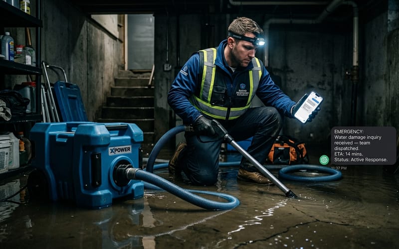 Restoration technician receiving AI-dispatched emergency water damage lead at night