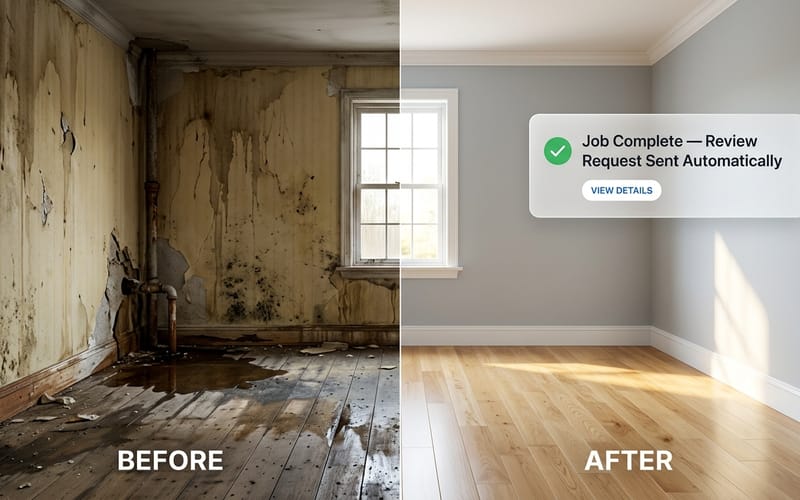 Before and after water damage restoration with automatic review request notification
