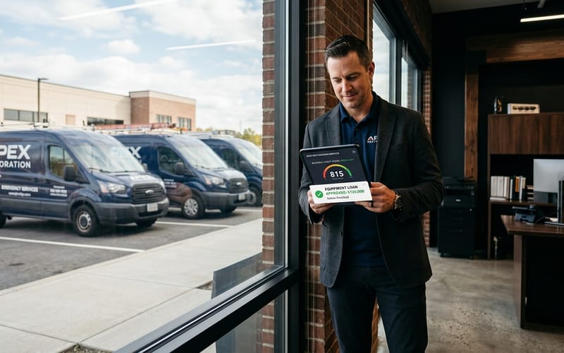 Restoration company owner reviewing approved equipment loan with fleet of vans